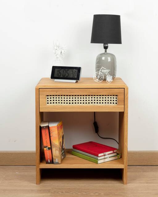 Nightstand With Rattan Drawer & Open Shelf in Solid Oak - image 1