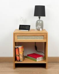 Nightstand With Rattan Drawer & Open Shelf in Solid Oak - thumbnail 1