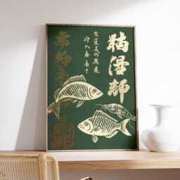 Japanese Fish Print, Retro Kitchen Wall Art, Vintage Asian Poster, Mid Century Home Decor, Green Seafood Art - thumbnail 2