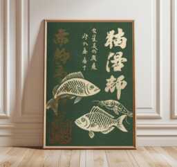 Japanese Fish Print, Retro Kitchen Wall Art, Vintage Asian Poster, Mid Century Home Decor, Green Seafood Art - thumbnail 1