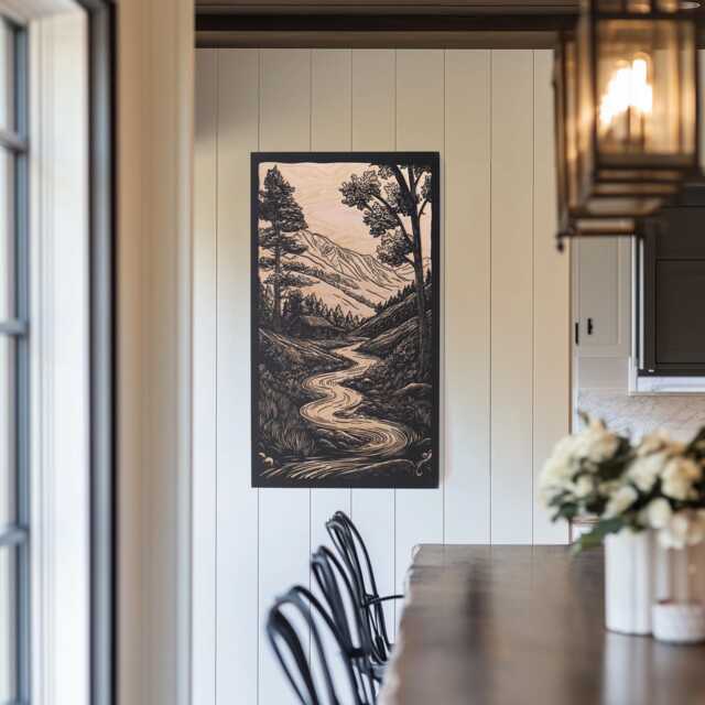 Mountain House Engraved Birch Wood Panel - Block Print Inspired Rocky Wall Art, Nature Lover Illustration Print, Cabin Hiker Gift - image 1