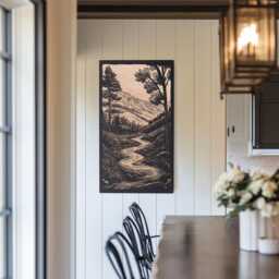 Mountain House Engraved Birch Wood Panel - Block Print Inspired Rocky Wall Art, Nature Lover Illustration Print, Cabin Hiker Gift - thumbnail 1