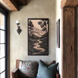 Mountain House Engraved Birch Wood Panel - Block Print Inspired Rocky Wall Art, Nature Lover Illustration Print, Cabin Hiker Gift - thumbnail 3