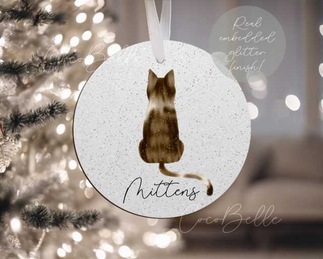 Personalised Cat Bauble, Any Colour Glitter Name Christmas Tree Decor Pet Luxury Gift Ideas Lovers Kitten Present Siamese Rag Doll Blue - image 1