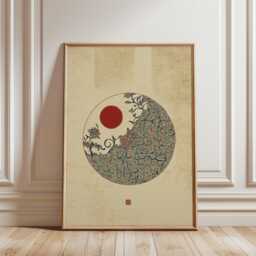 Japanese Floral Circle Poster Botanical Wall Art Blue Nature Illustration Minimal Zen Interior Decor Living Room - thumbnail 1