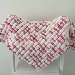Hand Knitted Pom Baby Blanket - Pink/White/Cream/Rose Car Seat Size - Approx 48cmx43cm - thumbnail 4