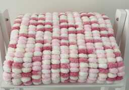 Hand Knitted Pom Baby Blanket - Pink/White/Cream/Rose Car Seat Size - Approx 48cmx43cm