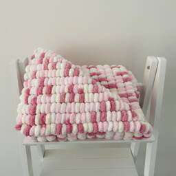 Hand Knitted Pom Baby Blanket - Pink/White/Cream/Rose Car Seat Size - Approx 48cmx43cm - thumbnail 3