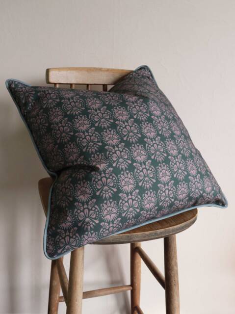Handmade Floral Print Cushion Cover Pink & Green Cotton - 50x50cm - image 1
