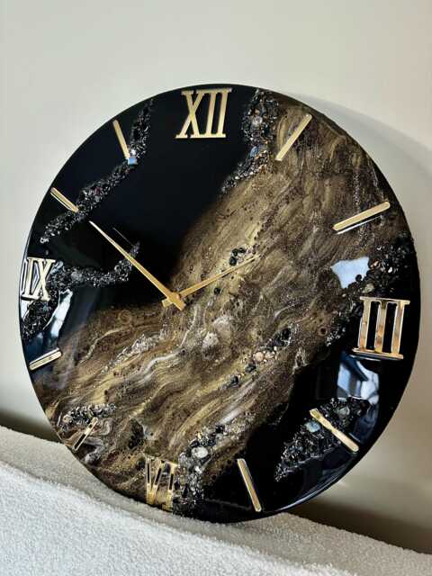 Shiny Gold & Black Epoxy Resin Clock Natural Stones, Modern Art Decor - image 1