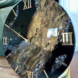 Shiny Gold & Black Epoxy Resin Clock Natural Stones, Modern Art Decor - thumbnail 2