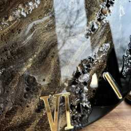 Shiny Gold & Black Epoxy Resin Clock Natural Stones, Modern Art Decor - thumbnail 3