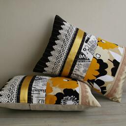 Black White Beige Yellow Lumbar Pillow Case 12 X 18 in Irma Design Limited Edition Newspaper Article Pop Art Print - thumbnail 2