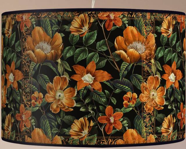 Vintage Floral Lampshade, Retro Flower Print, Black & Gold - image 1