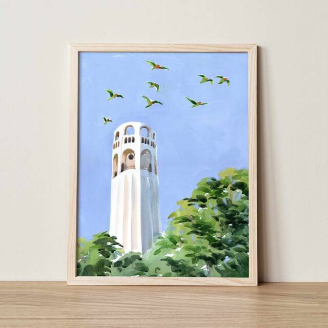 Coit Tower Watercolor Art Print San Francisco Skyline, Telegraph Hill Parrots - image 1