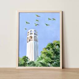 Coit Tower Watercolor Art Print San Francisco Skyline, Telegraph Hill Parrots - thumbnail 1