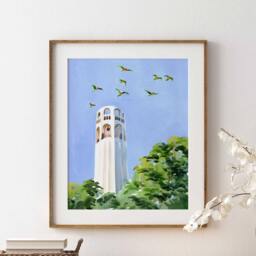Coit Tower Watercolor Art Print San Francisco Skyline, Telegraph Hill Parrots - thumbnail 2