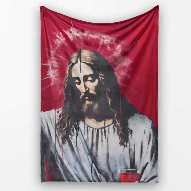 Jesus Holding Wine Glass Contemporary Graffiti, Lightweight Warm Gift, Comfortable Everyday Use - Super Soft Fleece Blanket Bed Sofa Throw - image 1