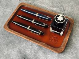Gognac Leather Luxury Desk Organizer, Mahogany Wood Pen Tray