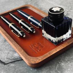 Cognac Leather & Wooden Pen Tray Desktop Organizer - thumbnail 2