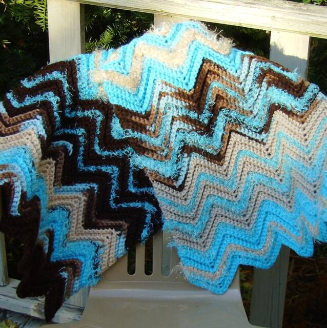 Crocheted Ripple Afghan Lapgan Car Blanket 20 X 40 Turquoise Brown Tan Beige - image 1