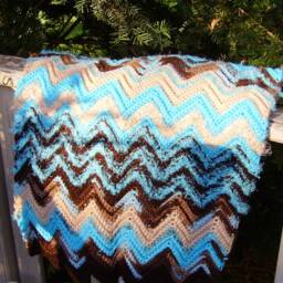 Crocheted Ripple Afghan Lapgan Car Blanket 20 X 40 Turquoise Brown Tan Beige - thumbnail 3
