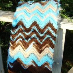 Crocheted Ripple Afghan Lapgan Car Blanket 20 X 40 Turquoise Brown Tan Beige - thumbnail 2