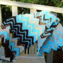 Crocheted Ripple Afghan Lapgan Car Blanket 20 X 40 Turquoise Brown Tan Beige - thumbnail 4