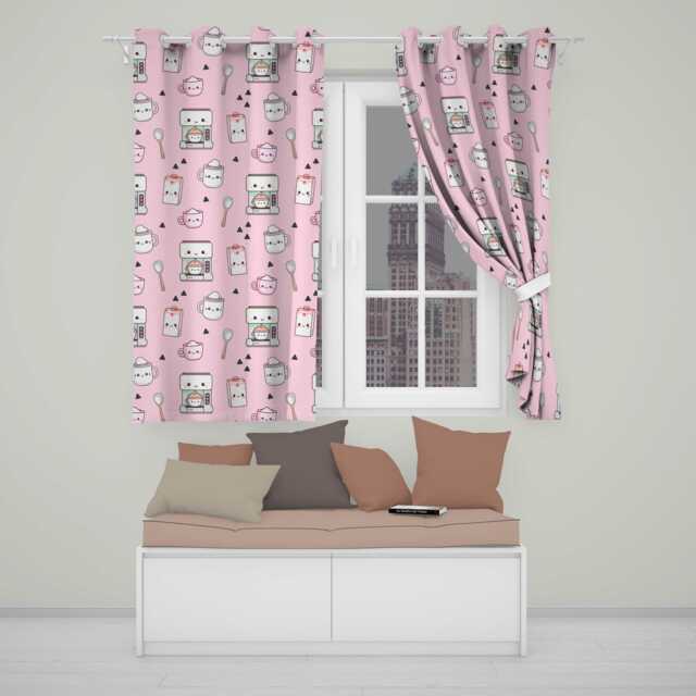 Cute Kawaii Coffee Maker Milk Carton Cups Soft Pink Background Seamless Pattern Readymade Eyelet Ring Top Thermal 100% Blackout Curtains - image 1