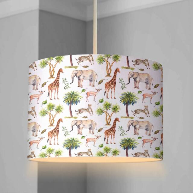 Lampshade - Nursery Ceiling Or Table Lampshade, Jungle Giraffe & Elephants, Childrens Room Round Safari Lampshade - image 1