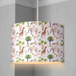 Lampshade - Nursery Ceiling Or Table Lampshade, Jungle Giraffe & Elephants, Childrens Room Round Safari Lampshade - thumbnail 1