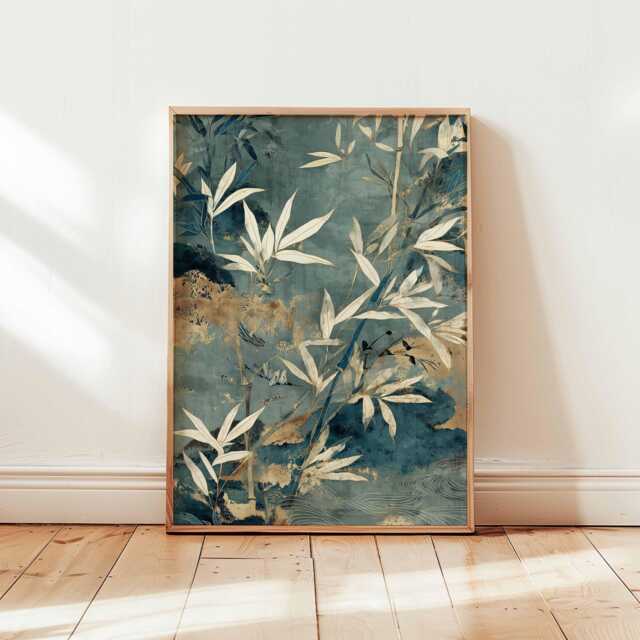 Japanese Bamboo Wall Art, Zen Botanical Poster, Gold Ink Style Nature Print, Tranquil Asian Decor - image 1
