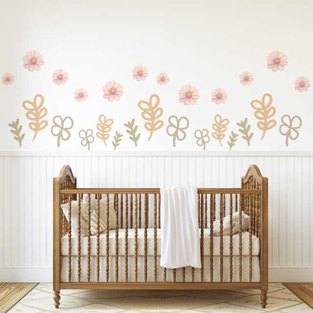 Boho Floral Wall Stickers, Neutral Nursery Decor, Flower Decals, Beige Botanical Nursery, Peel & Stick Baby Room Decor - image 1