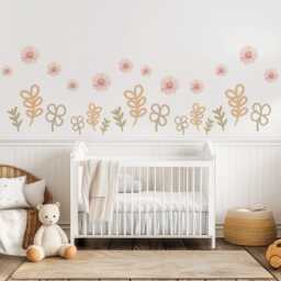 Boho Floral Wall Stickers, Neutral Nursery Decor, Flower Decals, Beige Botanical Nursery, Peel & Stick Baby Room Decor - thumbnail 3