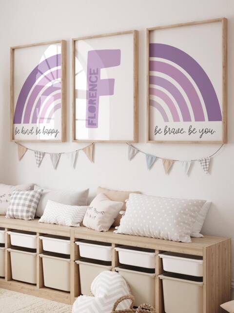 Set Of 3 Rainbow Prints, Girls Bedroom Decor, Personalised, Purple, Playroom, Nursery Wall Art, Art - image 1