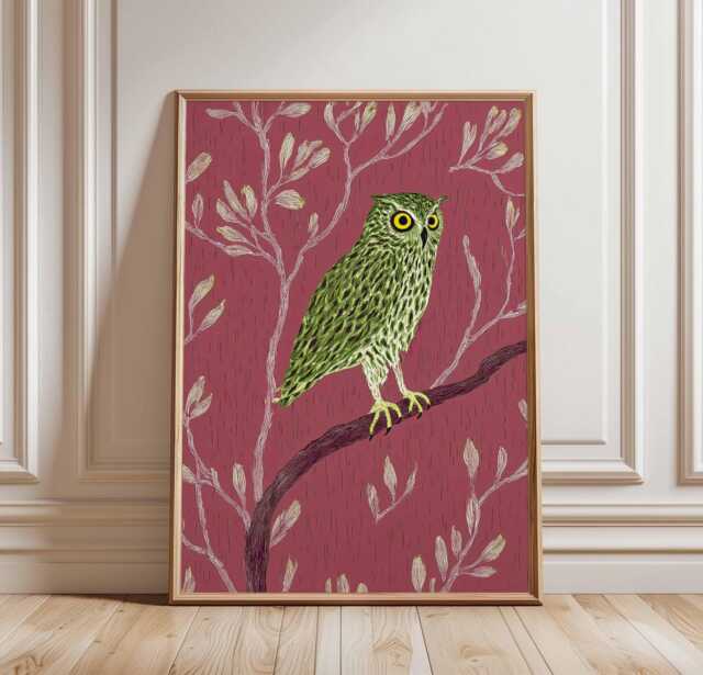 Green Owl Wall Art, Red Background Botanical Poster, Whimsical Forest Bird Print, Nature Inspired Decor, Modern Animal Illustration - image 1
