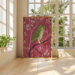 Green Owl Wall Art, Red Background Botanical Poster, Whimsical Forest Bird Print, Nature Inspired Decor, Modern Animal Illustration - thumbnail 3