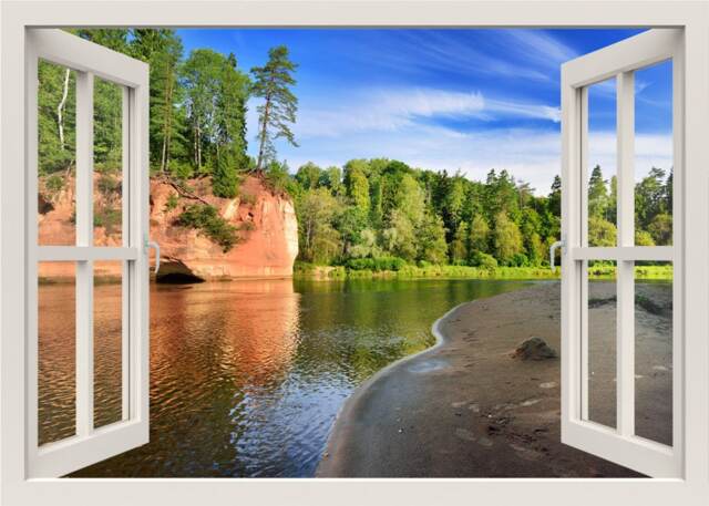 Forest Lake Wall Decal, & Trees Sticker, Decal, 3D Window View Mural, Frame Nature Sticker