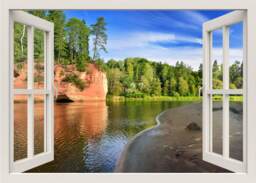 Forest Lake Wall Decal, & Trees Sticker, Decal, 3D Window View Mural, Frame Nature Sticker