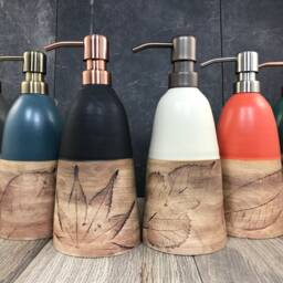 Hand Thrown Ceramic Soap Dispenser - Stoneware Pottery With Leaf Design - thumbnail 4