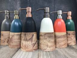 Hand Thrown Ceramic Soap Dispenser - Stoneware Pottery With Leaf Design - thumbnail 1