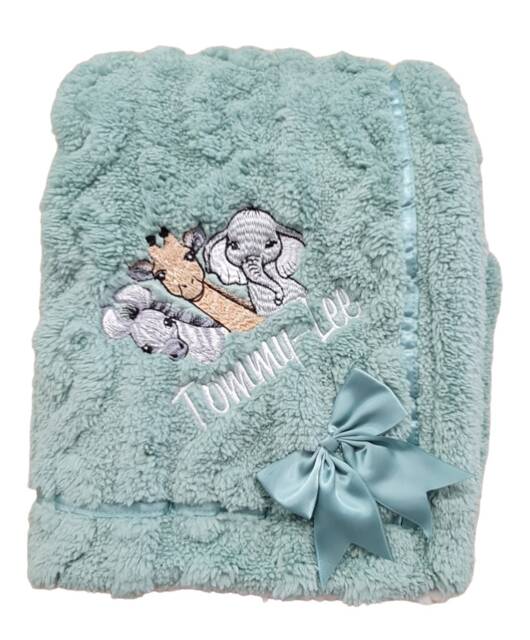 Personalised Safari Elephant Zebra Giraffe Embroidered Cable Knit Wrap W/Large Bow Baby Blankets 90cm 5 Colors Super Soft New - image 1