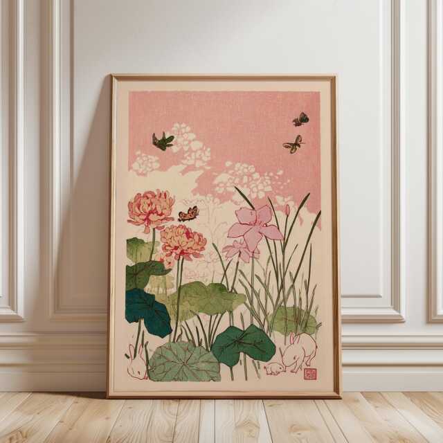 Mythical Deer Art Print, Blue Hydrangea Wall Decor, Japanese Woodblock Style, Botanical Animal Poster, Traditional Asian , Unframed - image 1