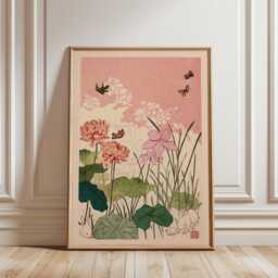 Mythical Deer Art Print, Blue Hydrangea Wall Decor, Japanese Woodblock Style, Botanical Animal Poster, Traditional Asian , Unframed - thumbnail 1