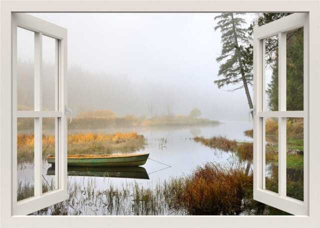 Lake Wall Decal, 3D Window Nature View Mural, Frame, Living Room Bedroom Home Decor