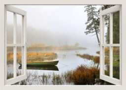 Lake Wall Decal, 3D Window Nature View Mural, Frame, Living Room Bedroom Home Decor