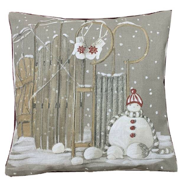 Snowman Cushion Cover Winter Design With Sledges Snowflakes Small 30X30cm Xmas Home Decor - image 1