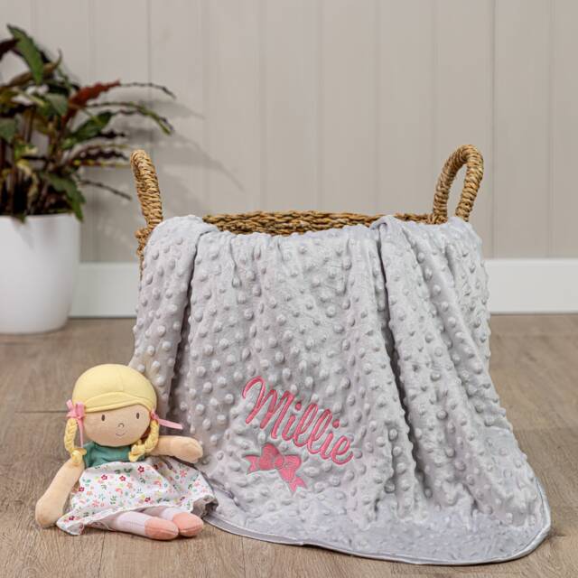 Personalised Baby Girl Grey Swaddle Wrap, Soft & Fluffy, Embroidered Gift With A Bow Any Name - image 1