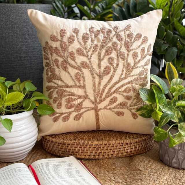 "Beaded Nature & Floral Art Silk Throw Pillow Cover, 16""x16" - image 1