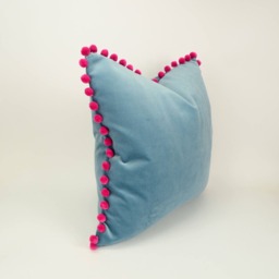 Blue Velvet Pom Pillow // Pink Cushion And - thumbnail 2